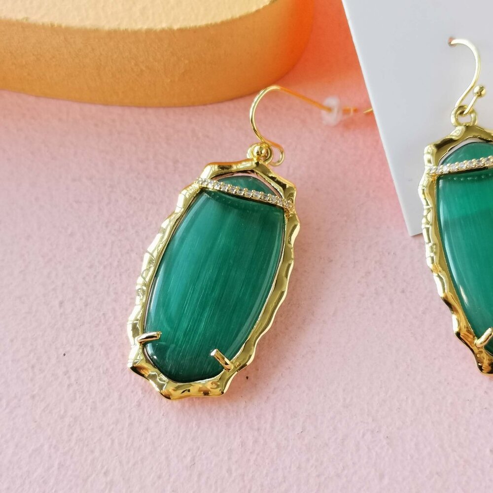 Alicia Bonnie - Charlotte Green Cat's Eye Gold Drop Earrings - NEW - Picture 3 of 3